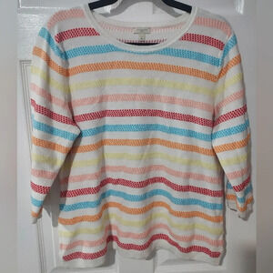 Talbots White and Multicolor Stripes Pullover 3/4 Sleeve Sweater in Size XL